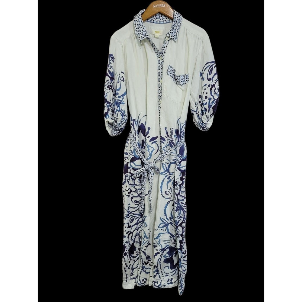 Maeve Irene Linen Shirt Dress Womens Medium Blue White Flroal Maxi Flowy Beach